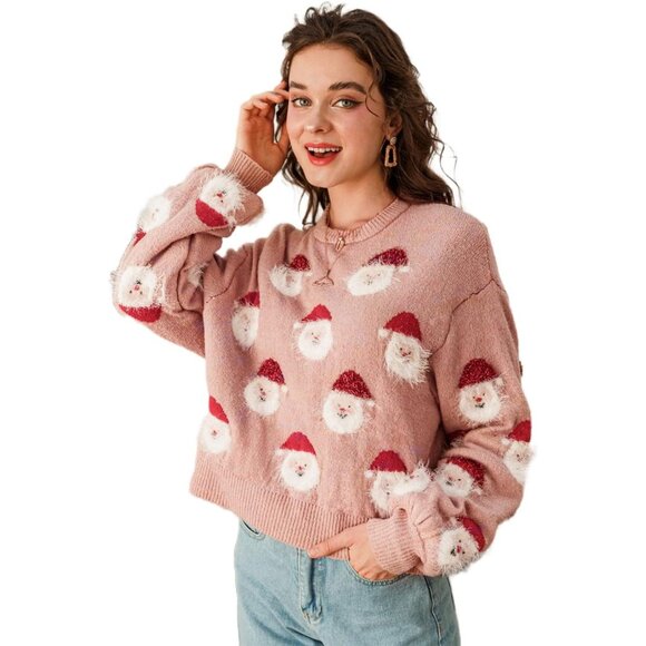 Women's Knitted Christmas Pattern Comfy Crewneck Long Sleeve Pullover Sweater - Picture 1 of 6